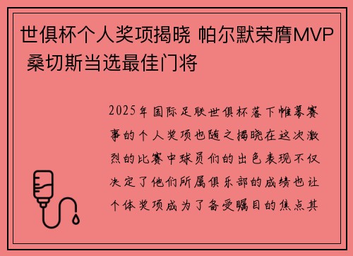 世俱杯个人奖项揭晓 帕尔默荣膺MVP 桑切斯当选最佳门将